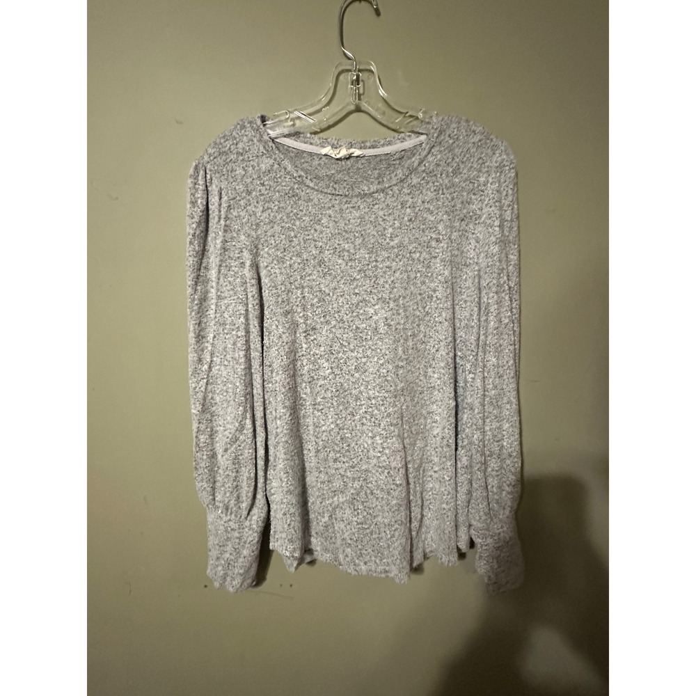 Pink Rose Gray Heathered Puff Sleeve Knit Top Crew Neck Large